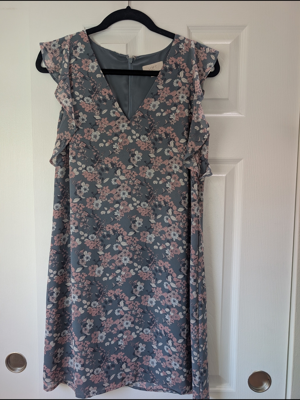 LOFT Dusty Blue Floral V-Neck Ruffle Midi Dress